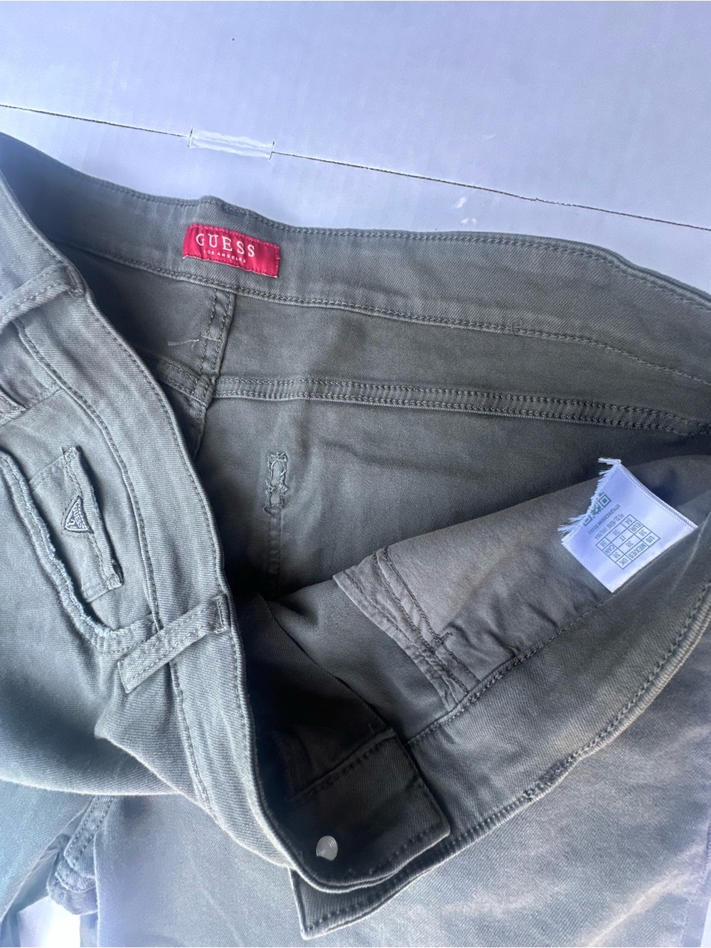 GUESS Men's Olive Green Distressed Denim Shorts - Picture 4 of 9
